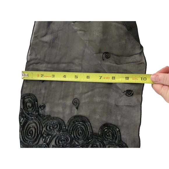 Vintage Sheer Rayon w Black Glass Bead & Sequin Art Scarf India Rolled Edge NICE - Picture 5 of 7